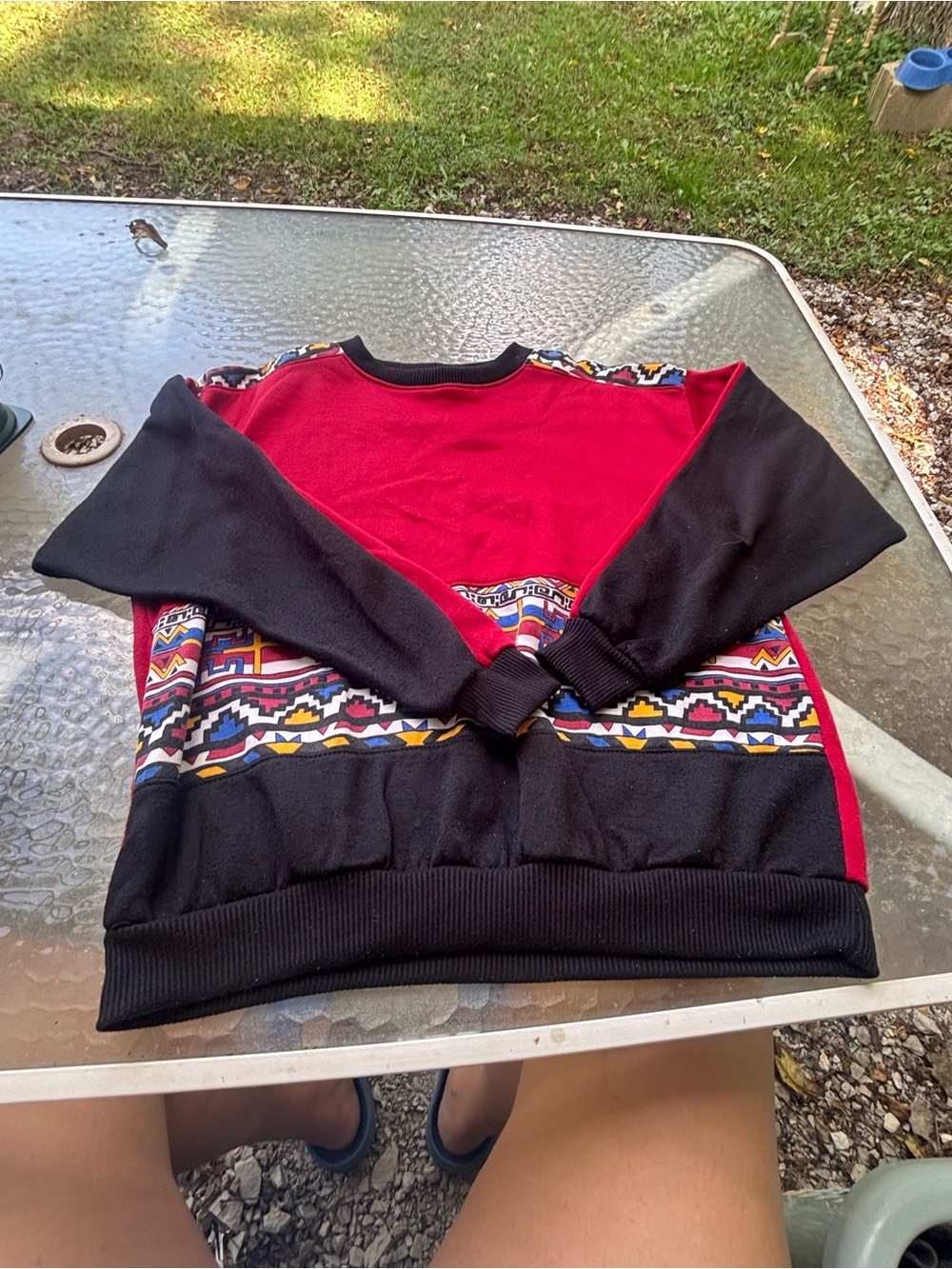 Men's Red and Black Patterned Crewneck Sweater